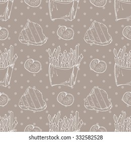 Fast food pattern. Hand draw retro illustration. Vintage design. 