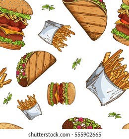 Fast food pattern. Hand draw retro illustration. Vintage design.