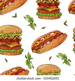 Fast food pattern. Hand draw retro illustration. Vintage design.