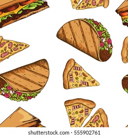 Fast food pattern. Hand draw retro illustration. Vintage design.