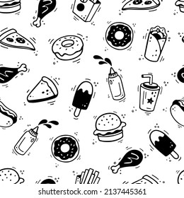 Fast food pattern. Hand drawn seamless pattern with fast food elements, burger, pizza, hot dog, donut, chicken leg, french fries, sauce bottle. Comic doodle sketch style. Vector illustration