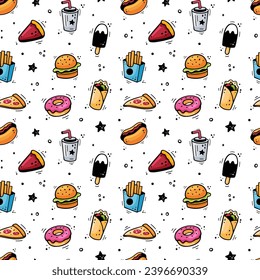 Fast food pattern. Hand drawn seamless pattern with fast food elements, burger, pizza, hot dog, donut, French fries, ice cream, soda, pie, doner kebab, pitta, burrito. Comic style. Vector illustration