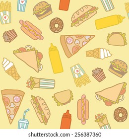 Fast food pattern. Hand drawn seamless pattern. 