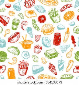 Fast food pattern. Hand drawn vector pattern. Junk, unhealthy food. Burger, dessert, pizza, hot dog, soda, french fries, sauce.