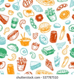 Fast food pattern. Hand drawn vector pattern. Junk, unhealthy food. Burger, dessert, pizza, hot dog, french fries, sauce.