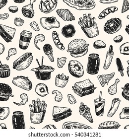 Fast food pattern. Hand drawn vector pattern. Junk, unhealthy food. Burger, dessert, pizza, hot dog, french fries, sauce.