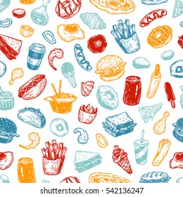 Fast food pattern. Hand drawn vector pattern. Junk, unhealthy food. Burger, dessert, pizza, hot dog, french fries, sauce.