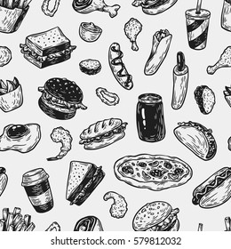 Fast food pattern. Hand drawn vector pattern. Junk, unhealthy food. Burger, pizza and hot dog. Vector fast food.