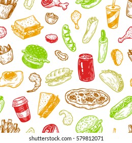 Fast food pattern. Hand drawn vector pattern. Junk, unhealthy food. Burger, pizza and hot dog. Vector fast food.