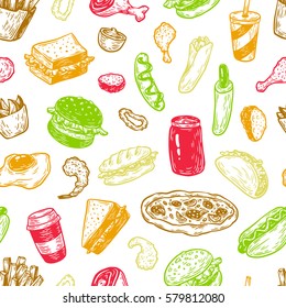 Fast food pattern. Hand drawn vector pattern. Junk, unhealthy food. Burger, pizza and hot dog. Vector fast food.