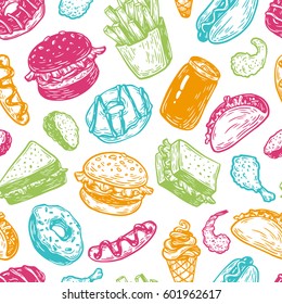 Fast food pattern. Hand drawn vector pattern. Unhealthy food. 