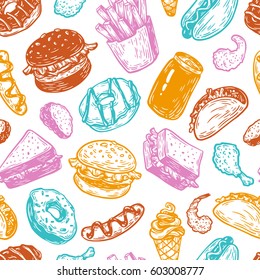 Fast food pattern. Hand drawn vector pattern. Unhealthy food. 