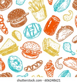 Fast food pattern. Hand drawn vector pattern. Unhealthy food. 