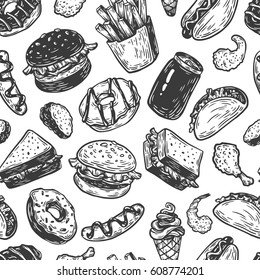 Fast food pattern. Hand drawn vector pattern. Unhealthy food. 