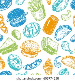 Fast food pattern. Hand drawn vector pattern. Unhealthy food. 