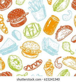 Fast food pattern. Hand drawn vector pattern. 