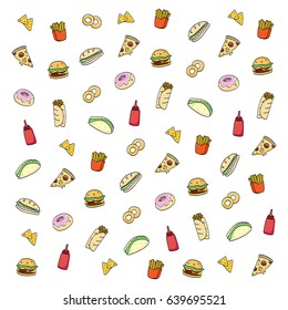 Fast food pattern with hand drawn doodle icons.
