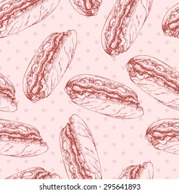 Fast food pattern with hot dog. Hand draw retro illustration. Vintage design. 