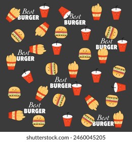 Fast food pattern include burger, coke, potato wedges perfect for backgrounds, packaging, textiles, Food and Beverage Designs