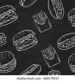 Fast food pattern including seamless on a black background. Fast food vector illustration.