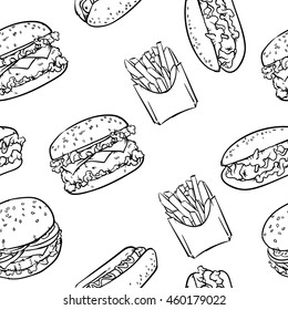 Fast food pattern including seamless on a white background. Fast food vector illustration.