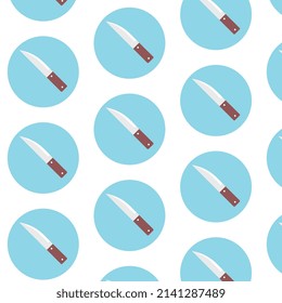 Fast food pattern, knife icon in blue circle, white background, vector for commercial