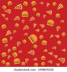 Fast food pattern with modern doodle food illustrations. Seamless vector background, burgers with cheese and cutlets, slices of pepperoni pizza on a red background