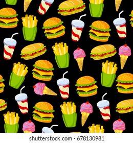 Fast food pattern on a black background. Can be used for textile, website background, book cover, packaging.