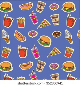 Fast food pattern on blue background