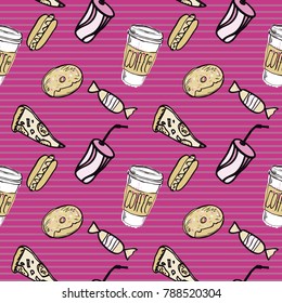 fast food pattern on striped purple backgrounde on doodle tyle