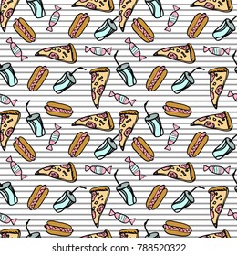fast food pattern on striped white backgrounde on doodle tyle
