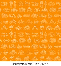 Fast food pattern, outline hand drawn food symbols