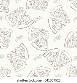 Fast food pattern with pizza. Hand draw retro illustration. Vintage pizza design. 