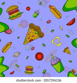 Fast food pattern pizza, hot dog, burger, cocktail 