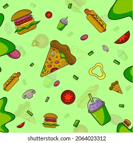 Fast food pattern pizza, hot dog, burger, cocktail 