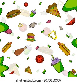 Fast food pattern pizza, hot dog, burger, cocktail , sandwich, chicken leg