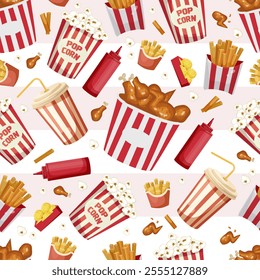 Fast food pattern with popcorn, fries, and drinks. Vector illustration