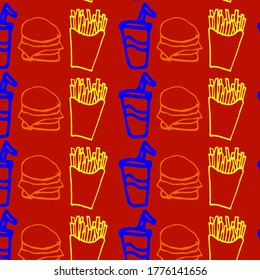 Fast food pattern. Red background. It can be used in the design of food delivery services, cafe menus, etc
