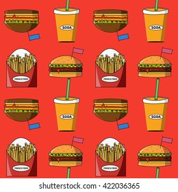  fast food pattern. Sandwich, burger, soda, french fries. Vector illustration