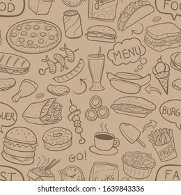Fast Food Pattern. Seamless Background Symbols. Traditional Doodle Drawn Sketch Hand Made Design Vector.