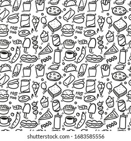 Fast Food Pattern. Seamless Background Symbols. Doodle Drawn Sketch Hand Made Design Vector.