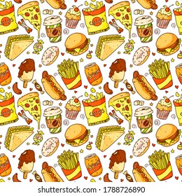 Fast food pattern. Seamless background pattern with cartoon pizza, hamburger, hot dog, coffee, French fries, sandwich, donut, soda, chips. Fast food and drink vector illustration