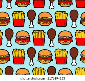 Fast food pattern seamless. burger and fried chicken leg and French fries background