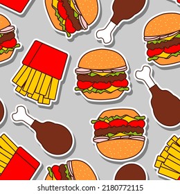 Fast food pattern seamless. burger and fried chicken leg and French fries background