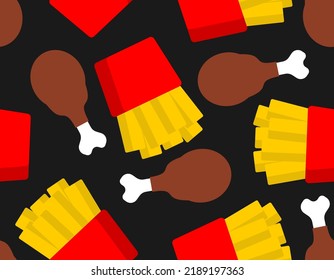 Fast food pattern seamless. French fries and fried chicken legs background. 