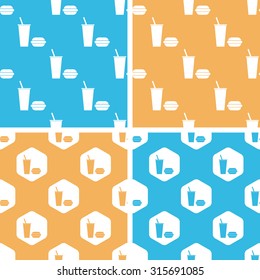 Fast food pattern set, simple and hexagon, on yellow or blue background