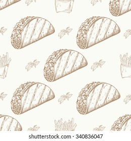 Fast food pattern with taco. Hand draw retro illustration. Vintage taco design. 