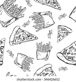 Fast food pattern with taco. Hand draw retro illustration. Vintage design. 