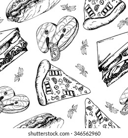 Fast food pattern with taco. Hand draw retro illustration. Vintage design. 