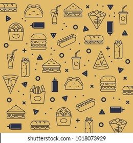 Fast food pattern, vector background with hamburger, hotdog, burritos, tacos, French fries, onion rings, pizza, sandwich, soda drink. Menu design elements.